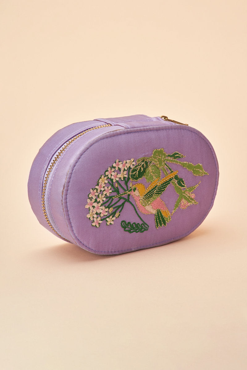 Oval Hummingbird Embroidered Jewelry Box, Lavender
