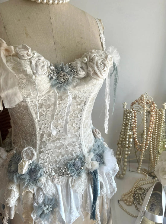Altered Couture White & Blue Lace Bustier,