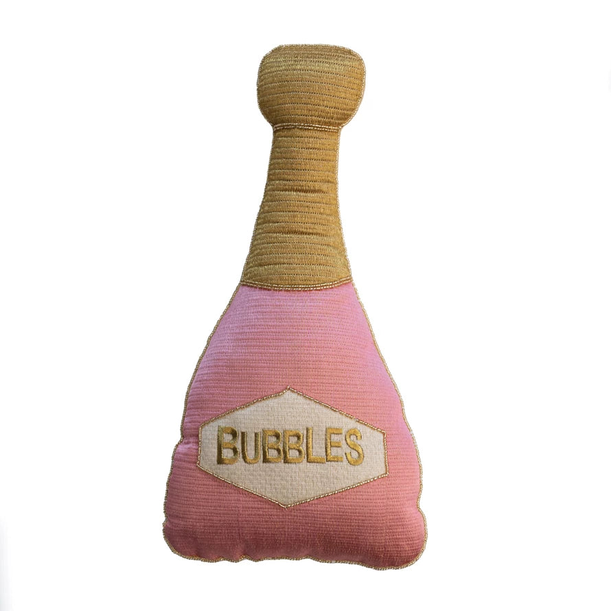 "Bubbles" Bottle Shaped Pillow w/ Embroidery, Pink & Gold