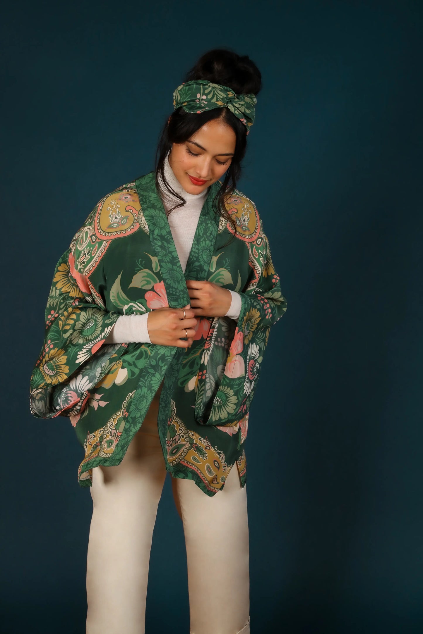 Folk Art Floral Kimono Jacket, Fern