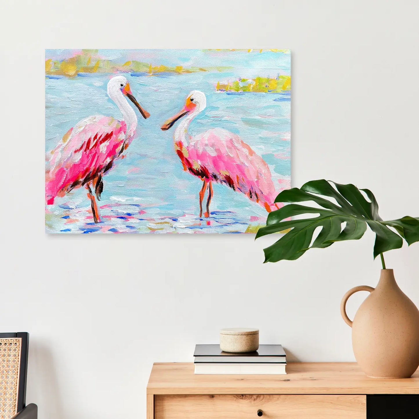 Load image into Gallery viewer, Two Rosette Spoonbills Stretched Canvas
