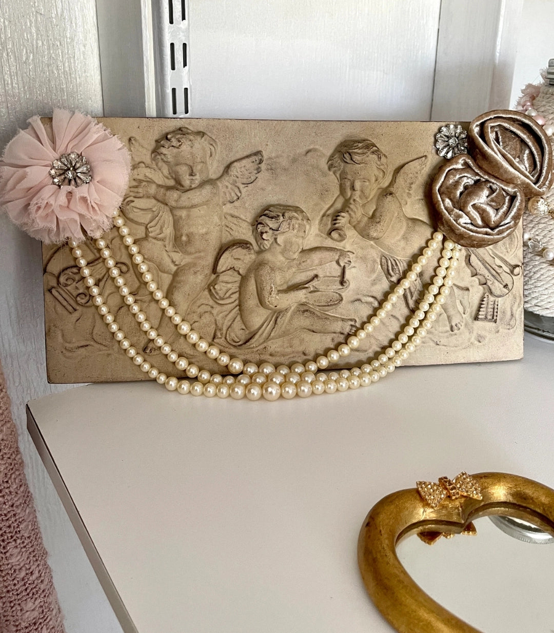 Ceramic Angel Art Piece w/ Vintage Pearls & Flowers