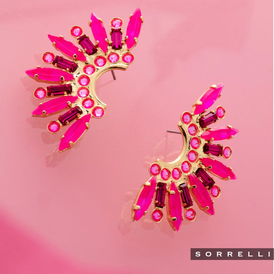 Hot Pink Crystal 10K Gold Flocked Statement Earrings