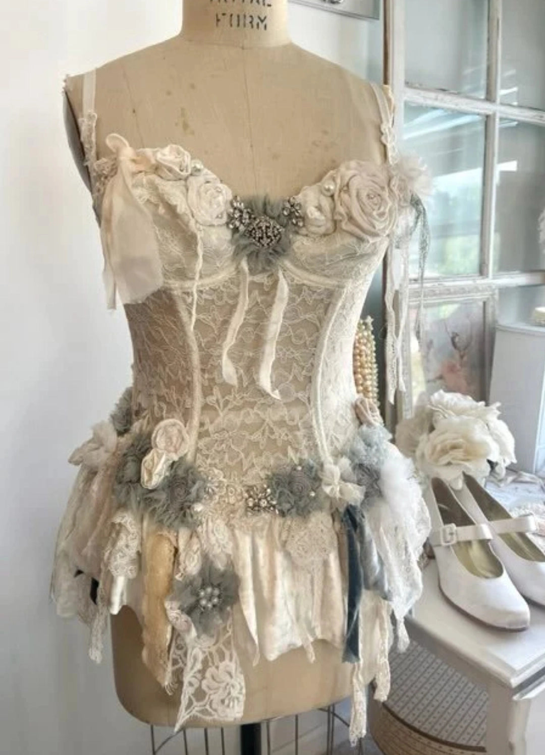 Load image into Gallery viewer, Altered Couture White &amp;amp; Blue Lace Bustier,

