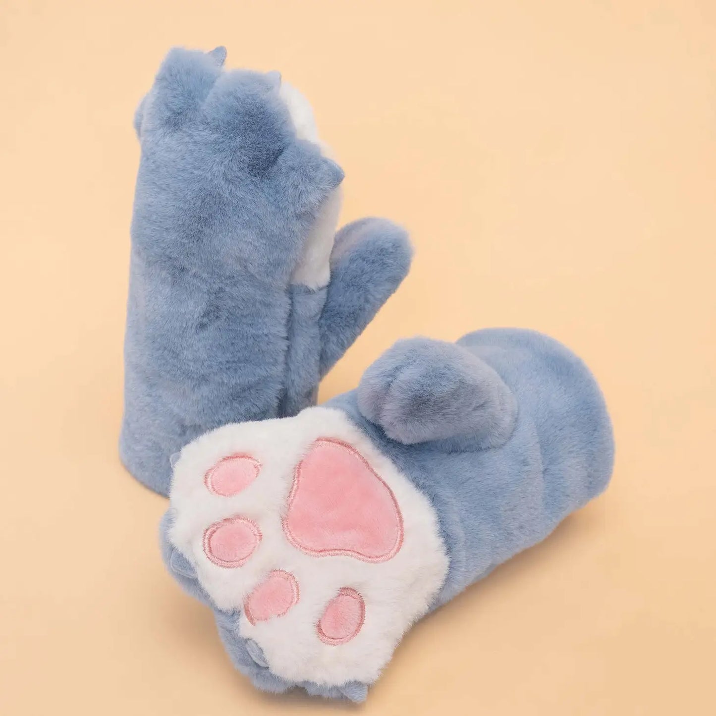 Children's Bear Paw Fluffy Mittens- Blue