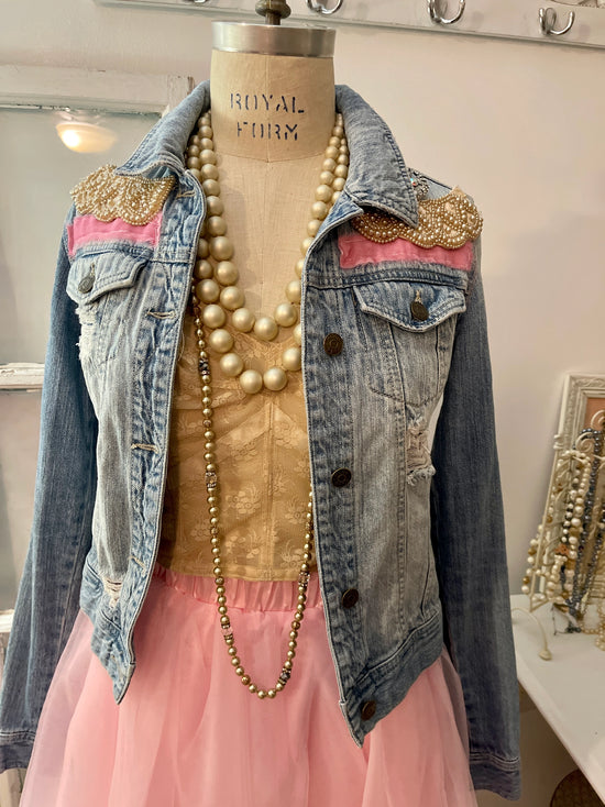 Upcycled Faded Tattered Jean Jacket w/ Vintage Pearl Trim