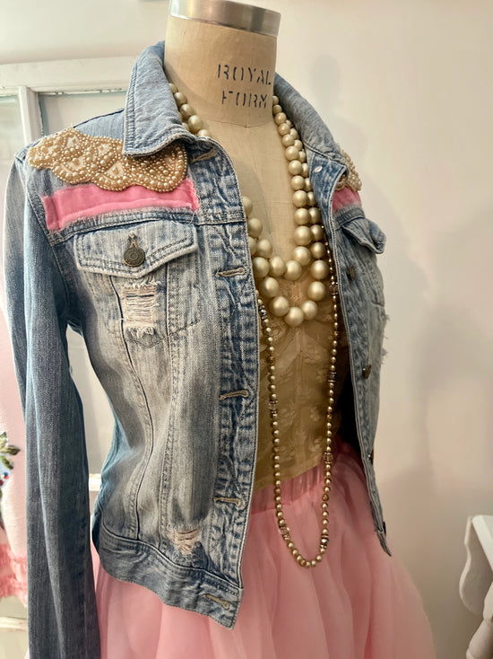 Upcycled Faded Tattered Jean Jacket w/ Vintage Pearl Trim