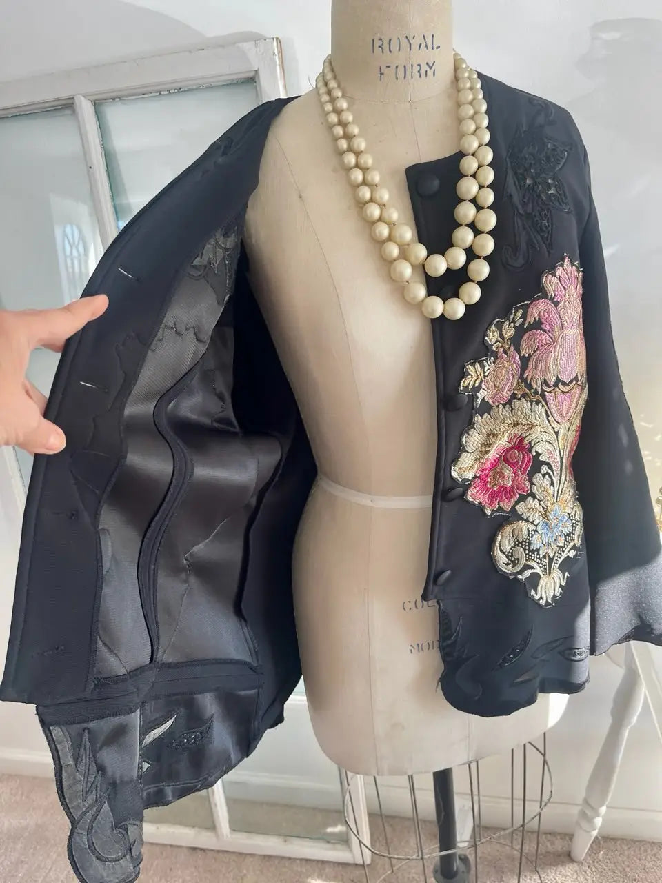 Upcycled Vintage Black Boucle Blazer with Appliqués
