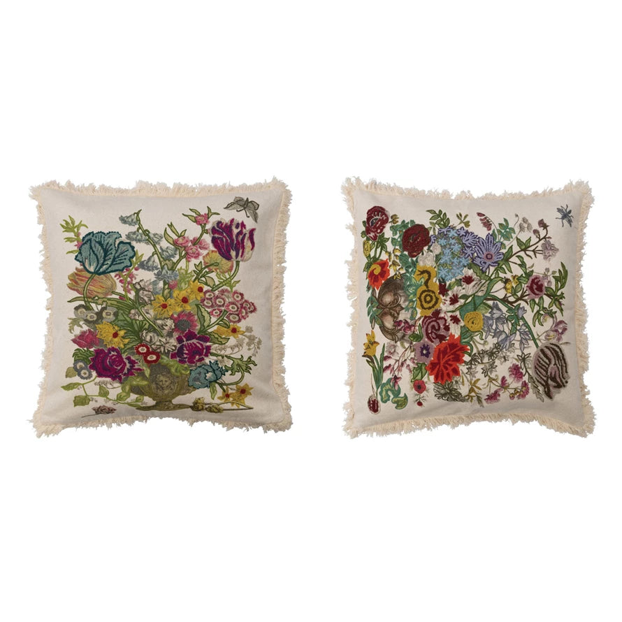 24" Cotton Printed Pillow w/ Embroidery, Florals & Fringe, 2 Styles