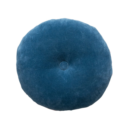 18" Round Cotton Pillow w/ Tufted Scallop Pattern, Navy Blue & Pink