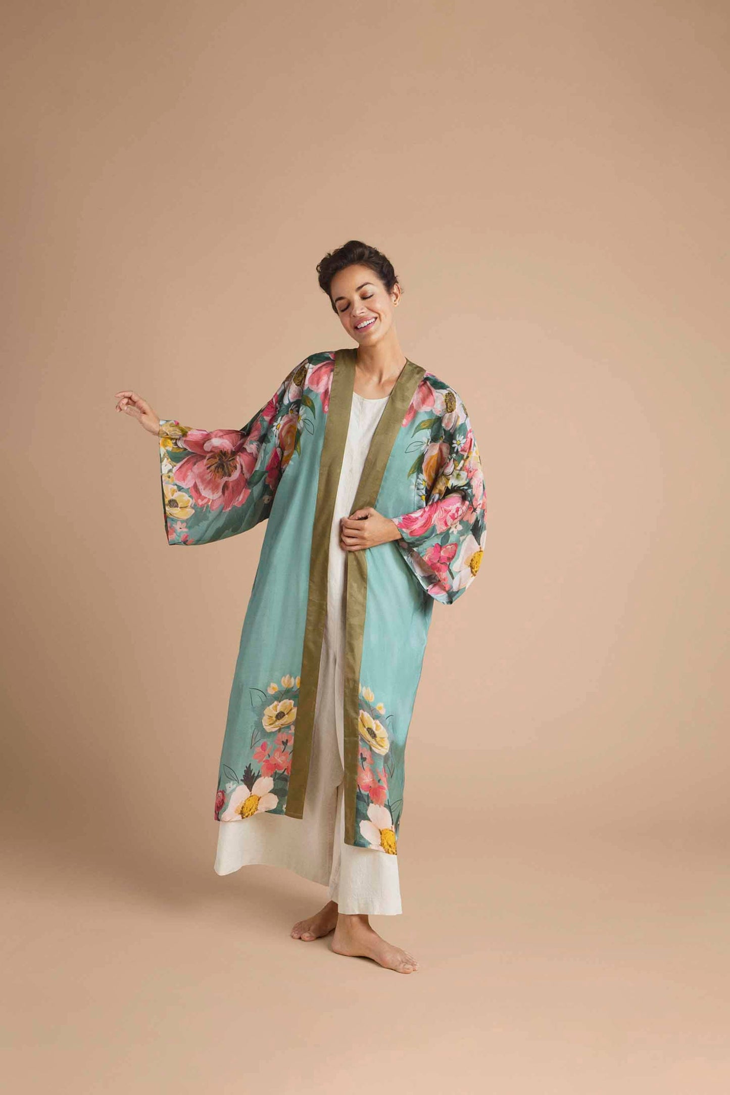 Kimono Gown- Impressionist Floral Kimono Gown - Teal
