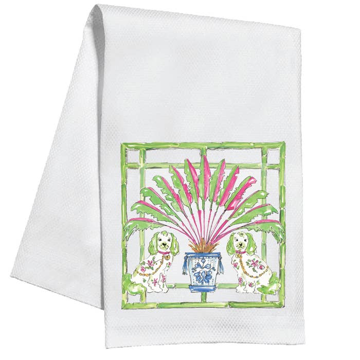 Tea Towel- Lime Staffordshire Dogs with Lime Cane Border