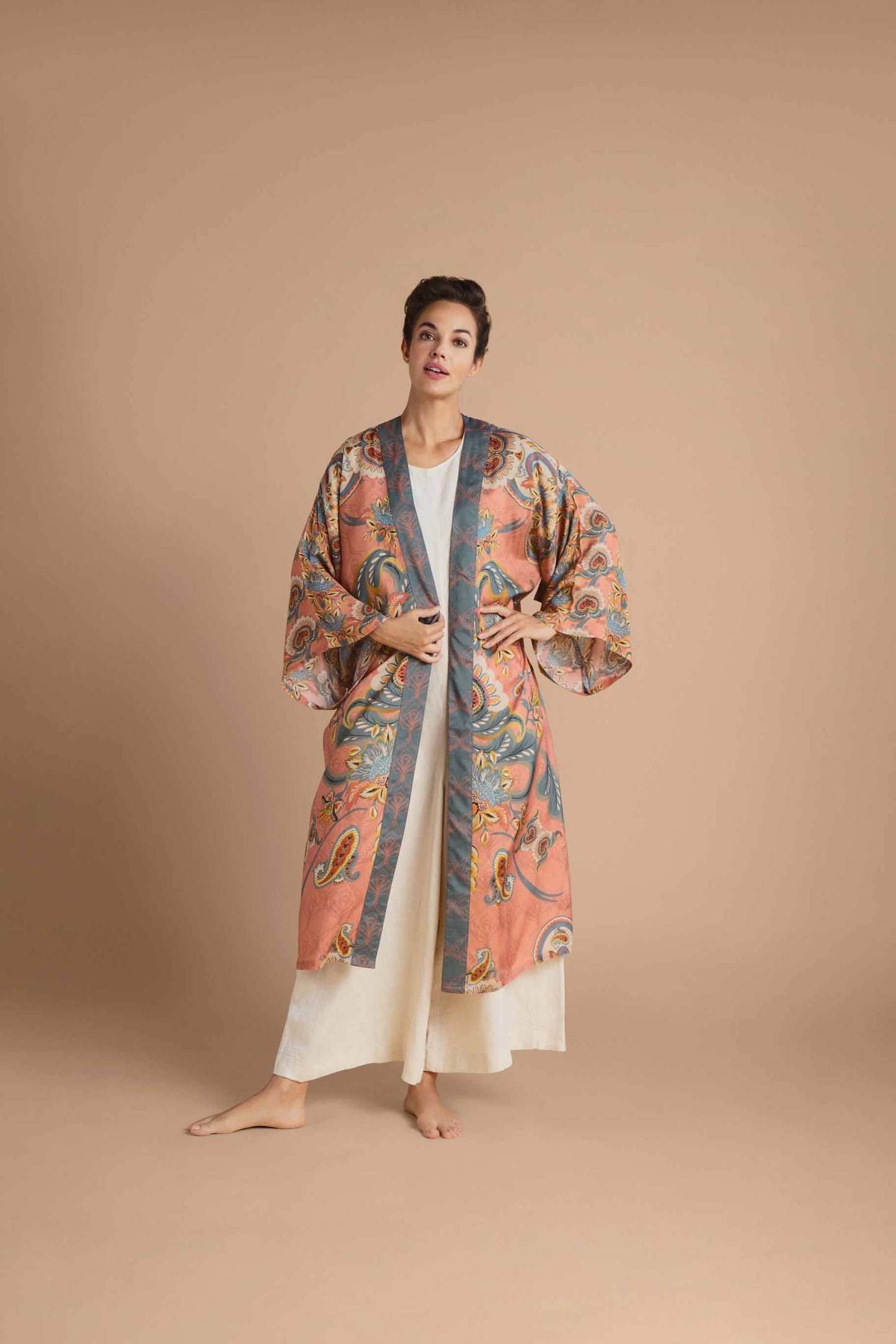 Kimono Gown- Mediterranean Paisley Kimono Gown - Coral