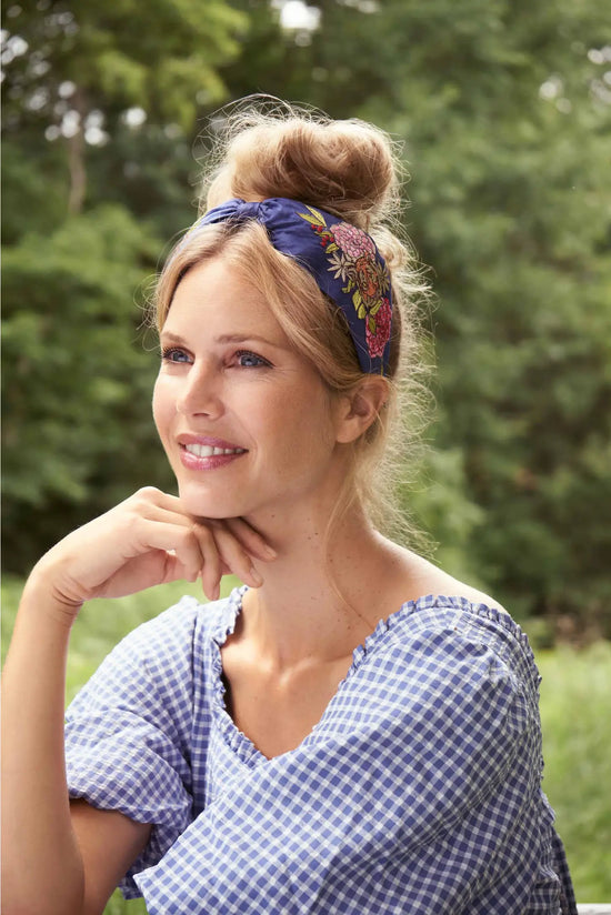 Satin Embroidered Headband, Floral Tiger Face in Indigo