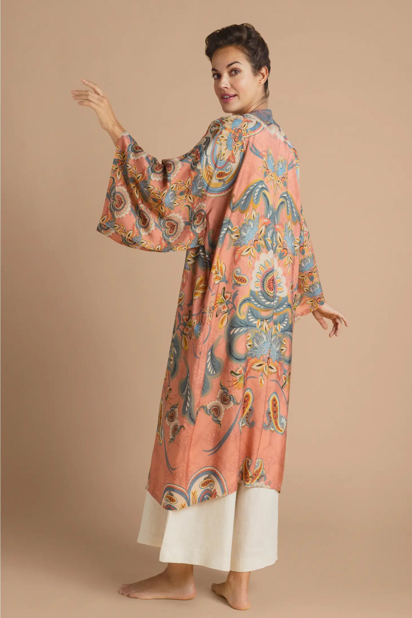 Load image into Gallery viewer, Mediterranean Paisley Kimono Gown, Coral
