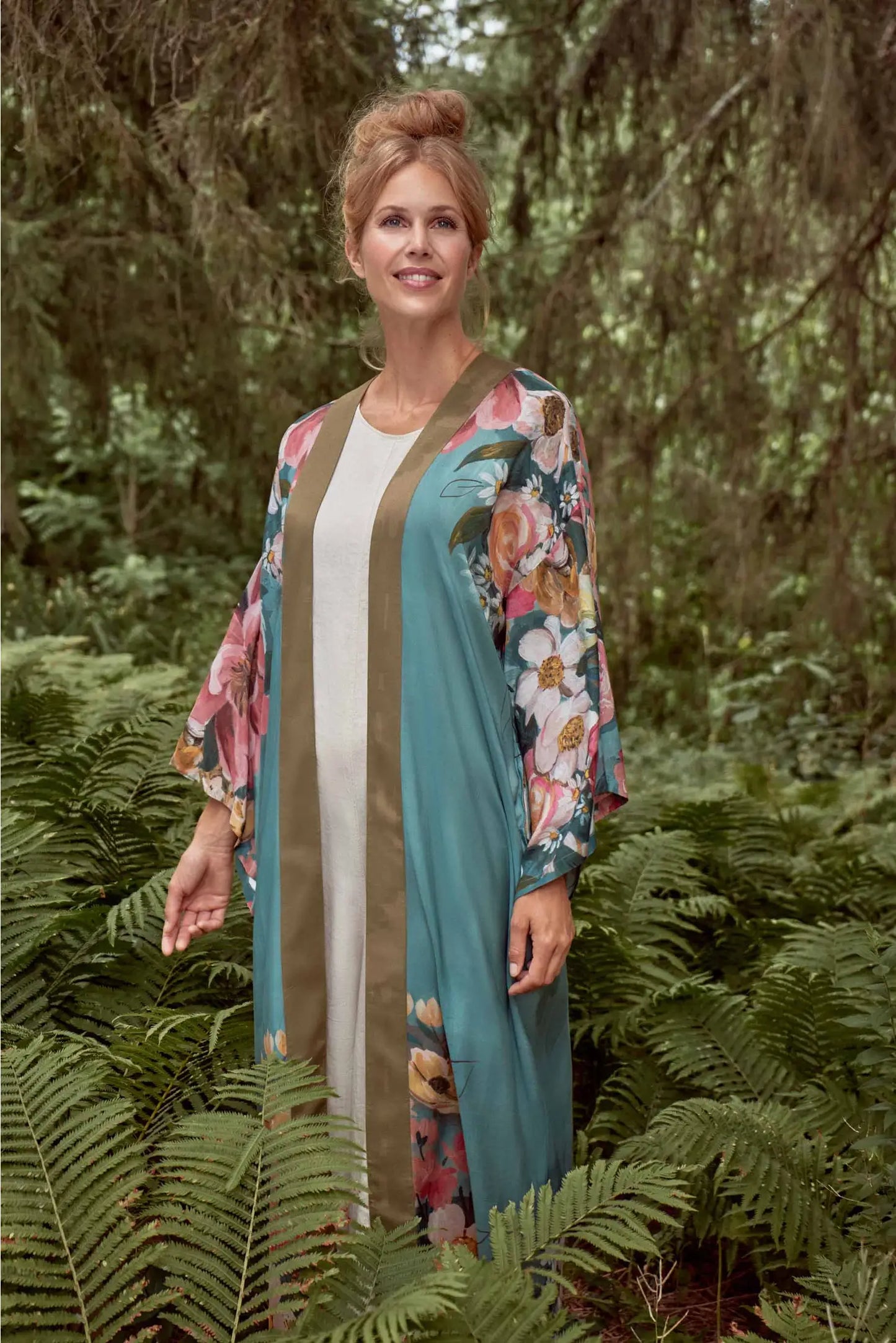 Kimono Gown- Impressionist Floral Kimono Gown - Teal