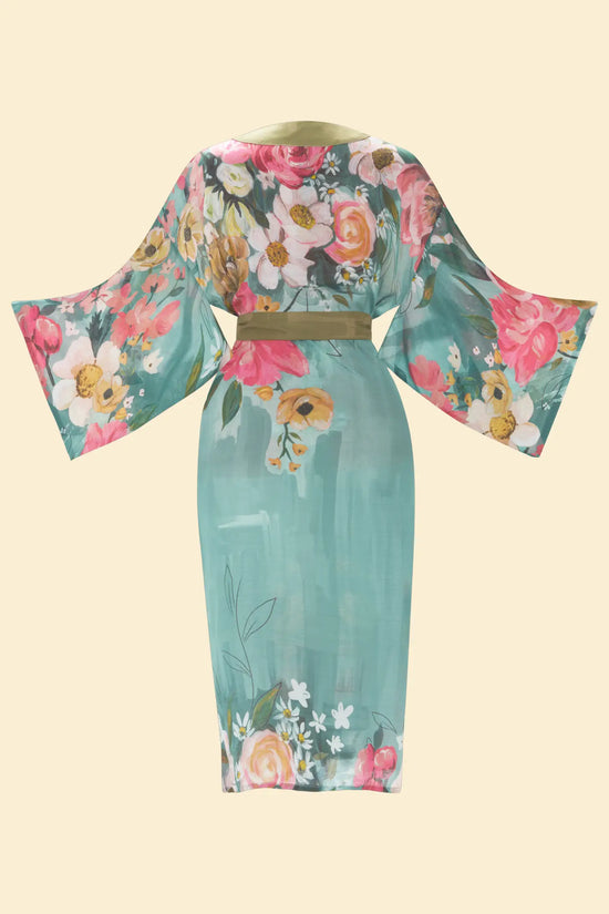 Impressionist Floral Kimono Gown, Teal
