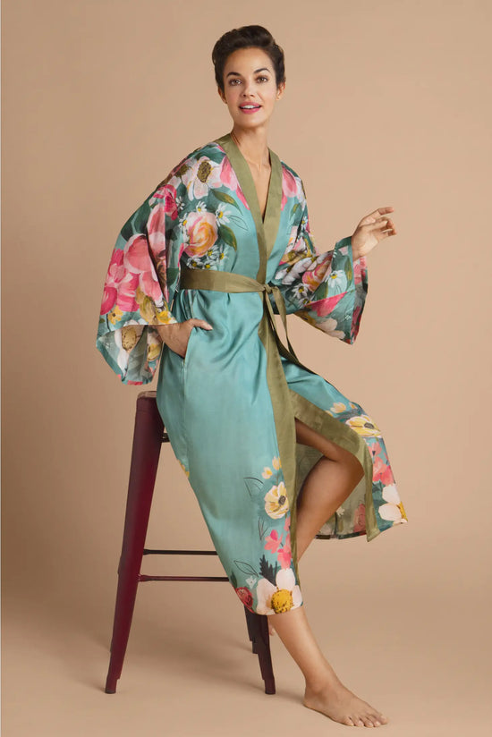 Impressionist Floral Kimono Gown, Teal