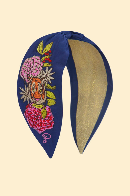 Load image into Gallery viewer, Satin Embroidered Headband, Floral Tiger Face in Indigo
