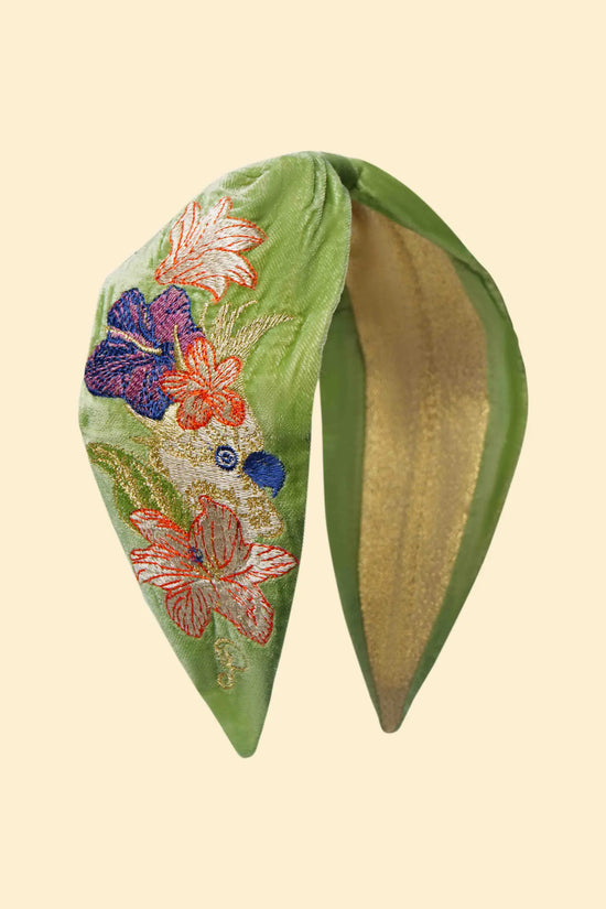 Velvet Embroidered Headband, Cockatoo in Sage