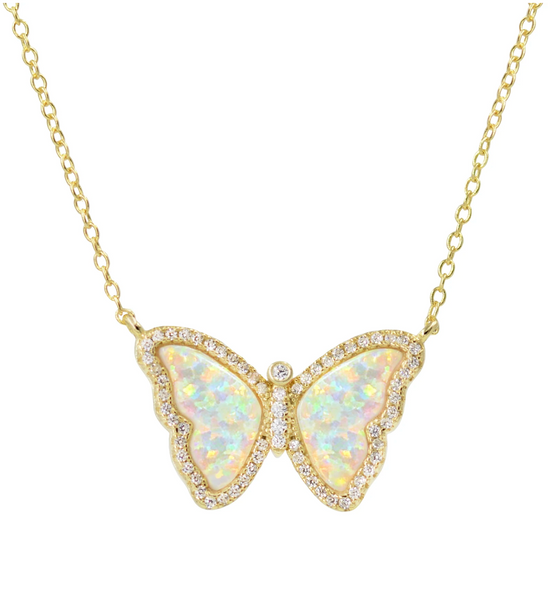 Load image into Gallery viewer, Opal Butterfly Necklace With Crystals, White Opal, Gold
