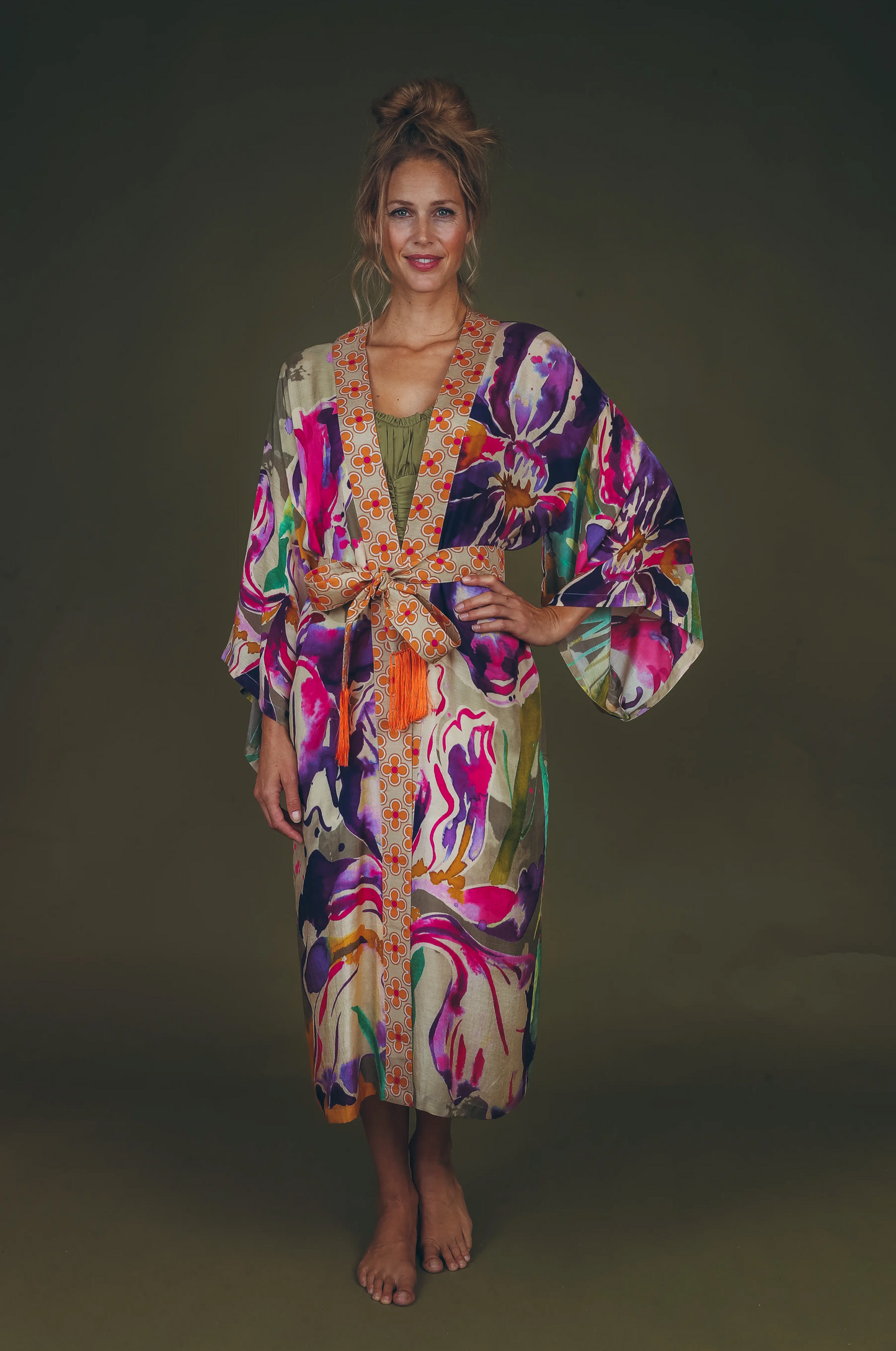 Load image into Gallery viewer, Sage Iris Kimono Gown
