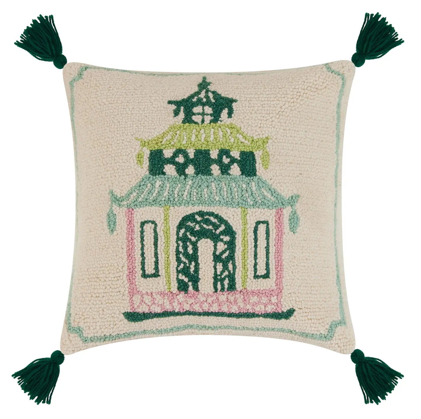 Load image into Gallery viewer, Pagodas Rose with Green Tassels Hook Pillow
