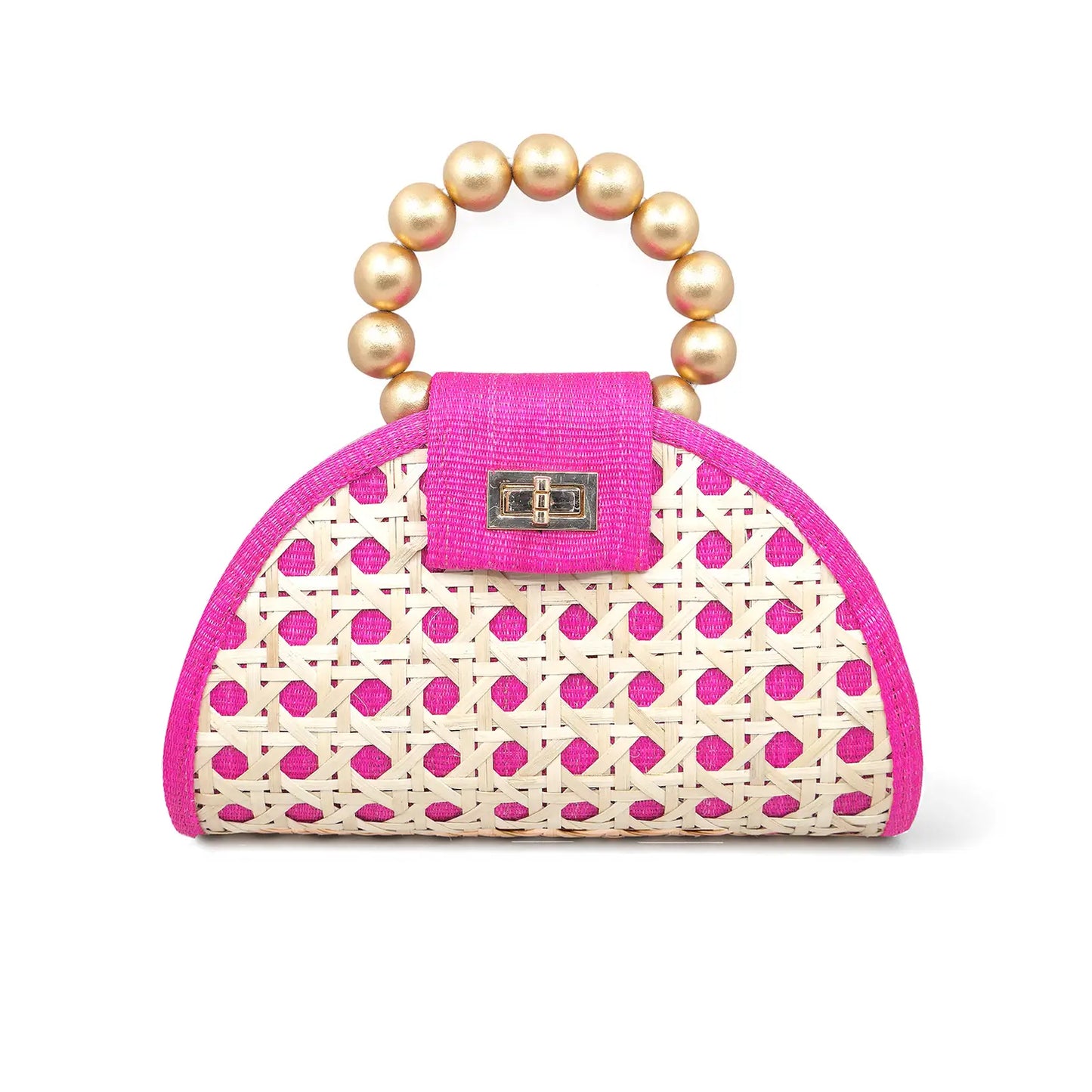 Valentine's Gift | Pink & Gold Woven Rattan Statement Handbag