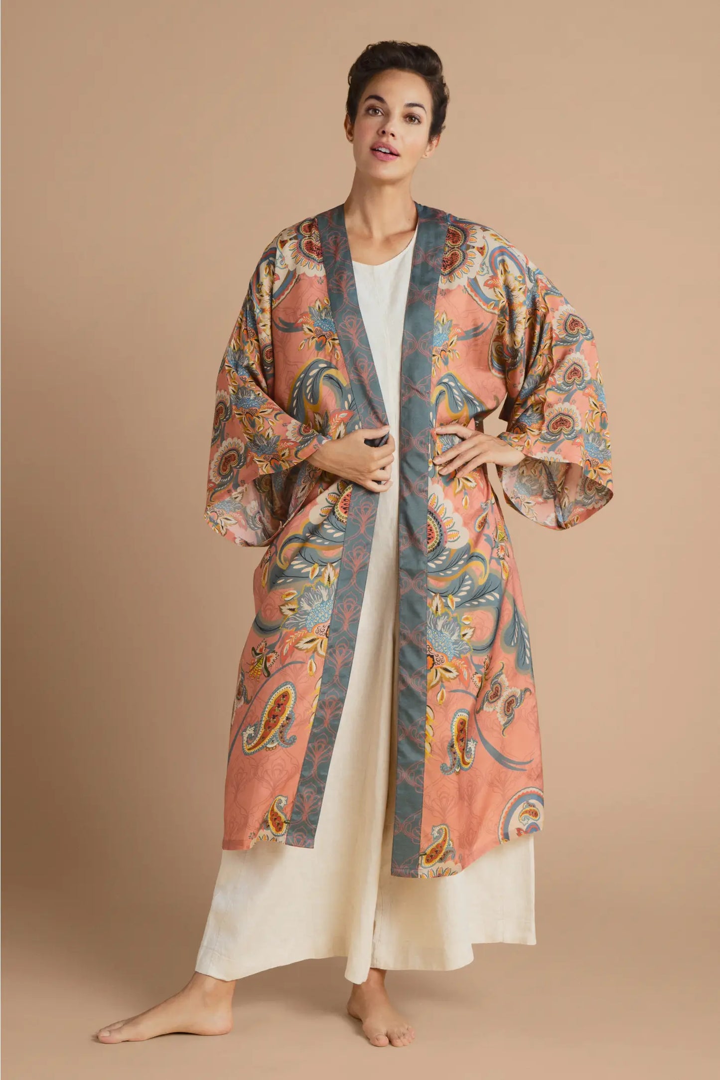 Load image into Gallery viewer, Mediterranean Paisley Kimono Gown, Coral
