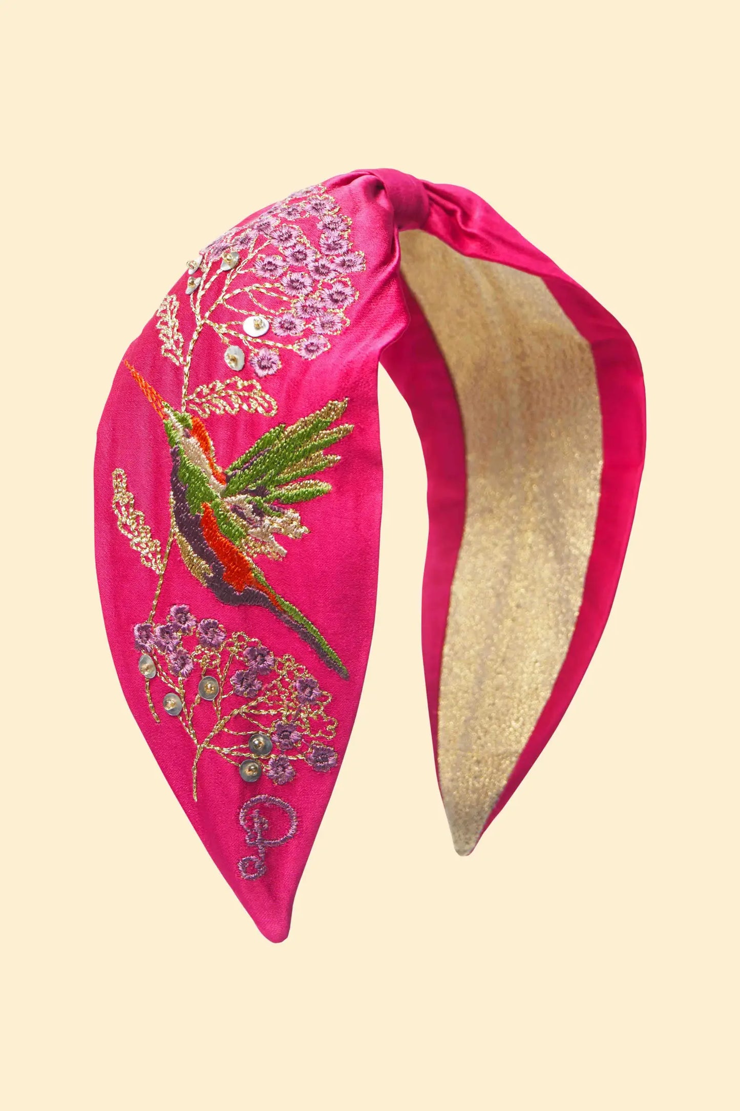 Satin Embroidered Headband, Hummingbird in Raspberry